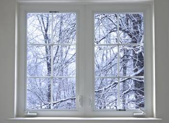 Zimski pogled skozi okno na zasneženo pokrajino.