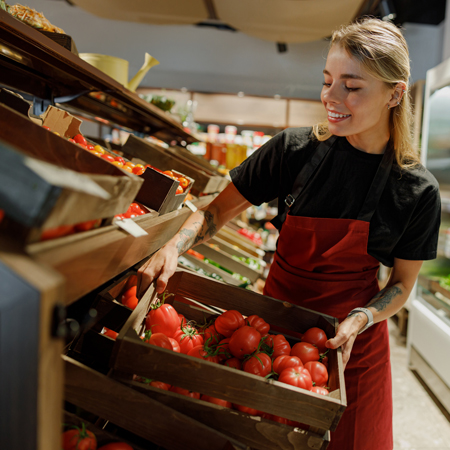 Podjetnica v svoji prodajalni na police zlaga zlaga robo, ki jo je za svoje stranke skrbno izbrala