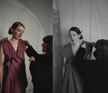 Trajnostna modna kreacija iz kolekcije Nike Ravnik, izdelana po načelu oblikovanja brez tekstilnih odpadkov.