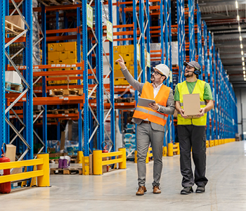 Dva moška stojita v skladišču in pregledujeta zalogo; eden deluje kot inšpektor, ki preverja stanje in morebitna tveganja.