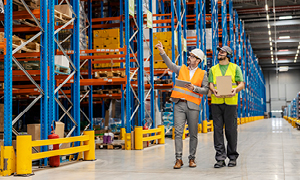 Dva moška stojita v skladišču in pregledujeta zalogo; eden deluje kot inšpektor, ki preverja stanje in morebitna tveganja.