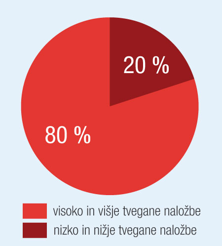 Razmerje visoko in višje tveganimih naložbi proti nizko in nižje tveganim naložbam je 80 % proti 20 %.