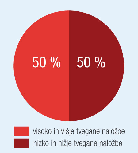 Razmerje visoko in višje tveganih naložb proti nizko in nižje tveganim naložbam je 50 % proti 50 %.