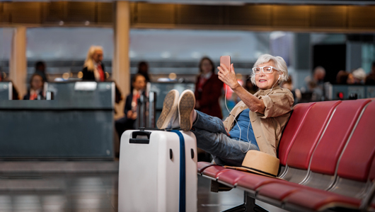 Gospa na letališču z asistenco v tujini v žepu